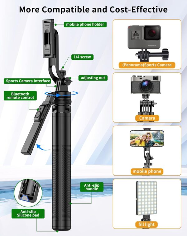 71" Cell Phone Tripod & Selfie Stick, for iPhone Tripo d Stand, Travel Tripod with Remote, Phone Selfie Stick for iPhone 11/14/ 15/16 Compatible with All Phones,for gopro and Cameras - Image 7