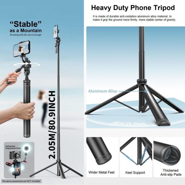 80" Phone Tripod Selfie Stick - Tall Tripod for iPhone with Remote Cellphone Holder Stick for Video Photo Vlog, 360° Rotation Phone Camera Tripods Cold Shoe Mount for iPhone Android - Image 3