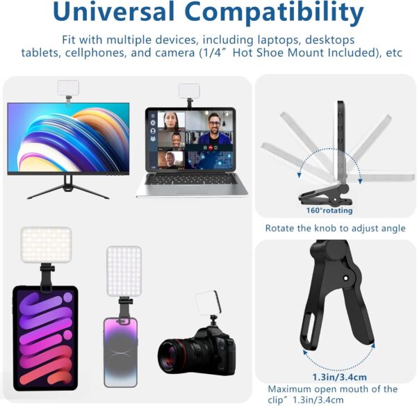 60 LED Portable Selfie Light Video Conference Lighting with Clip & Camera Tripod Adapter Rechargeable 2200mAh CRI 97+, 3 Light Modes for Phone iPhone Webcam Laptop Photo Makeup - Image 2
