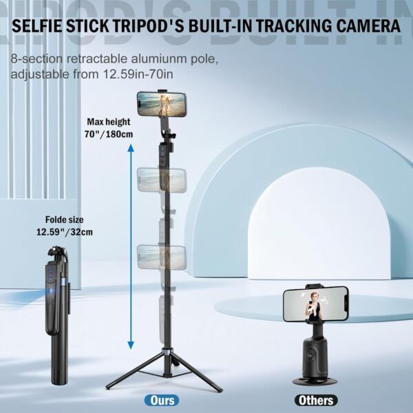 70" Face Tracking Tripod 360 Rotation with Stand,Selfie Stick for iPhone and Android,Phone Tripod with Remote and Gesture Control,Built-in Tracking Camera Selfiestick for Vlog Video Recording Tiktok - Image 5