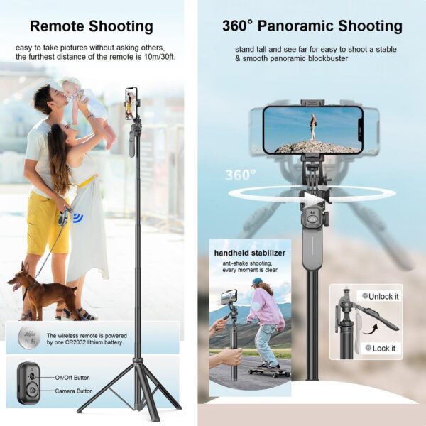 80" Phone Tripod Selfie Stick - Tall Tripod for iPhone with Remote Cellphone Holder Stick for Video Photo Vlog, 360° Rotation Phone Camera Tripods Cold Shoe Mount for iPhone Android - Image 5