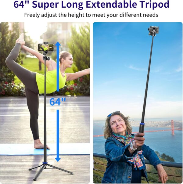 Selfie Stick Tripod with Remote Control, 64" Extendable Vlog Stand with 2-in-1 Phone Clip, 360 Ball Head Camera Tripod for iPhone, Sony, Canon, GoPro, Lightweight for Travel - Image 4