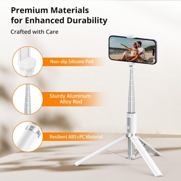 ATUMTEK 62" Selfie Stick Tripod, Extendable Aluminum Tripod with Rechargeable Bluetooth Remote, Compatible with iPhone and Android Smartphones, Perfect for Travel, Vlog, Video and Photo, White - Image 7