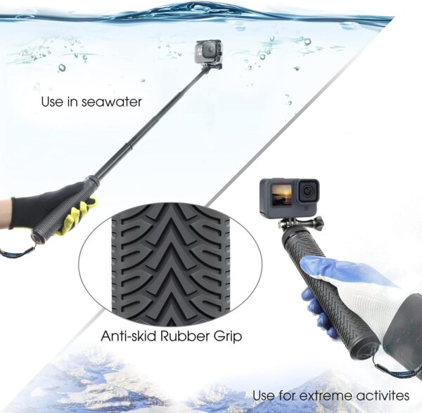 SOONSUN 3in1 Aluminum Waterproof Selfie Stick for GoPro Hero 13 12 11 10 9 8 7 6 5 4, Fusion, Max, Session, Insta360, AKASO, SJCAM, Osmo Action Camera - Extenbale Monopod Pole, Hand Grip, Tripod Stand - Image 8