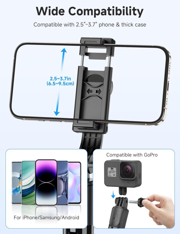 Portable Selfie Stick Tripod, 4 in 1 Extendable Phone Tripod Stand with Detachable Wireless Remote & Phone Holder 360° Rotating Mini Travel Tripod Compatible with iPhone 16/15/14/13 Pro/Android/Gopro - Image 5