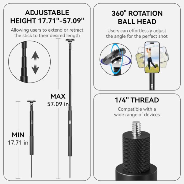 Golf Monopod Stick, Golf Swing Phone Holder, 46" Magnetic Aluminum Alloy Selfie Stick w/Spike Stake Mount, Compatible w/iPhone Camera Magsafe, Adjustable Heigh Tripod, Golf Training Aid - Image 5