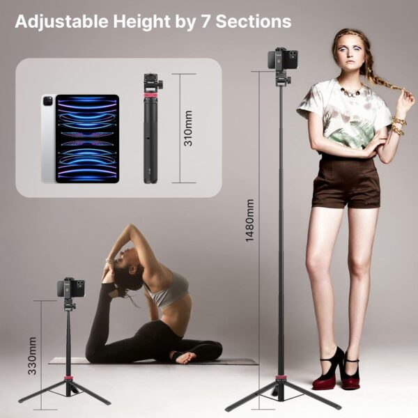 57.48 inch Extendable Selfie Stick Phone Tripod for Action Camera w Smartphone Clamp Extension Pole, for GoPro for Sony Canon Vlogging Cams for iPhone 14 13 Pro Max ULANZI MT-71 - Image 3