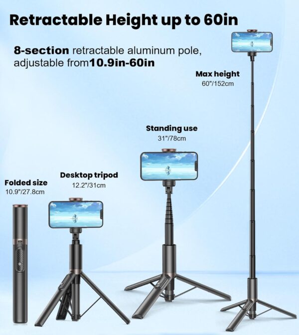 TONEOF 60" Selfie Stick Tripod for Video,All-in-1 Extendable Cell Phone Tripod Stand with Integrated Remote,360° Rotate Lightweight & Portable Tripod for 4-7” iPhone/Android/Photo & Video Kits/Travel - Image 6