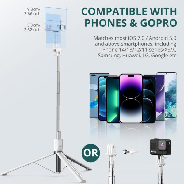 ATUMTEK 59" Selfie Stick Tripod, Stable Tripod Stand with Detachable Bluetooth Remote, Compatible with iPhone 14 Pro Max/14 Plus/14/13/12/11, GoPro, Samsung, LG, Google Smartphones, White - Image 4