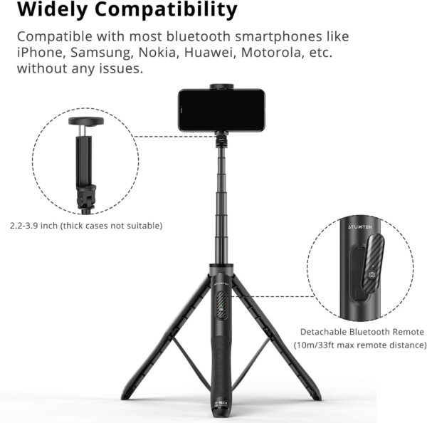 ATUMTEK 51" Selfie Stick Tripod, All in One Extendable Phone Tripod Stand with Bluetooth Remote 360° Rotation for iPhone and Android Phone Selfies, Video Recording, Vlogging, Live Streaming, Black - Image 6