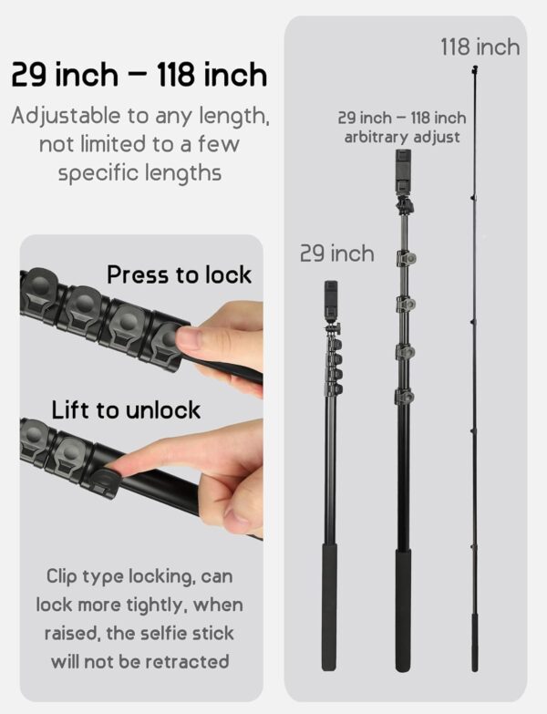 BMZX Invisible Selfie Stick 118" Long Selfie Stick,9.8ft with Wireless Remote, Selfie Stick for iPhone, Android, Fit for Insta360 X4, X3, ONE X2, ONE R, ONE X, 1/4”-20 Screw Mount Cameras (29 to 118") - Image 7