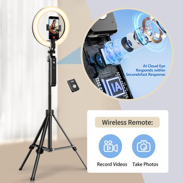 Upgraded Auto Face Tracking Tripod 360° Rotation with Stand, 10" Ring Light Phone Tripod & Selfie Stick with Remote and Gesture Control, No App, Built-in Tracking Camera for Video/Live Streaming - Image 5
