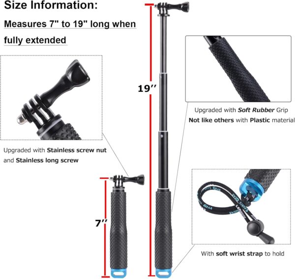 19” Short Extension Selfie Stick Compact Handle Grip Adjustable Waterproof Monopod Pole Compatible with GoPro Hero 13 12 11 10 9 8 7 6 5 AKASO DJI Osmo Action Camera(Mini Size) - Image 2