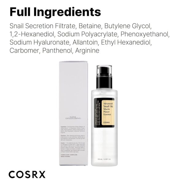 COSRX Snail Mucin 96% Power Repairing Essence 3.38 fl.oz 100ml, Hydrating Serum for Face with Snail Secretion Filtrate for Dull Skin & Fine Lines, Korean Skin Care - Image 5