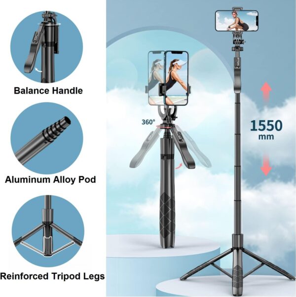 60" Phone Tripods Selfie Stick - All in One Extendable Cell Phone Tripod Stand Holder with Wireless Remote, Handheld Phone Stabilizer Travel Tripod for iPhone Android Camera for Video Recording Vlog - Image 4
