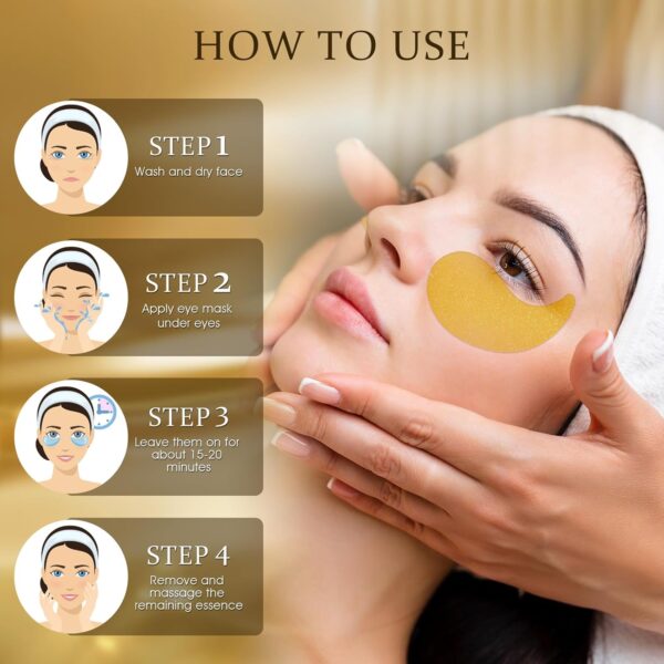 Under Eye Patches Masks - Collagen & Hyaluronic Acid for Removing Eye bags, Puffiness, Dark Circles Smoothing Skin Care Treatment for Women and Men, (60 Pcs) Gold - Image 8