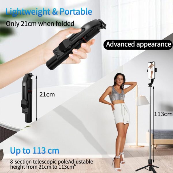 Selfie Stick Tripod, 44" Extendable, 360° Rotatable, Wireless Remote, Detachable Phone Holder, Lightweight & Portable, Compatible with iPhone, Samsung, Android, Ideal for Travel & Vlogging - Image 5