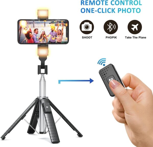41” Selfie Stick Tripod Quadrapod with 2 Rechargeable Fill Light, Extendable Tripod with Bluetooth Remote, Stainless Steel, 3 Light Modes, 9 Brightness Levels, Compatible for All iPhone & Android - Image 3
