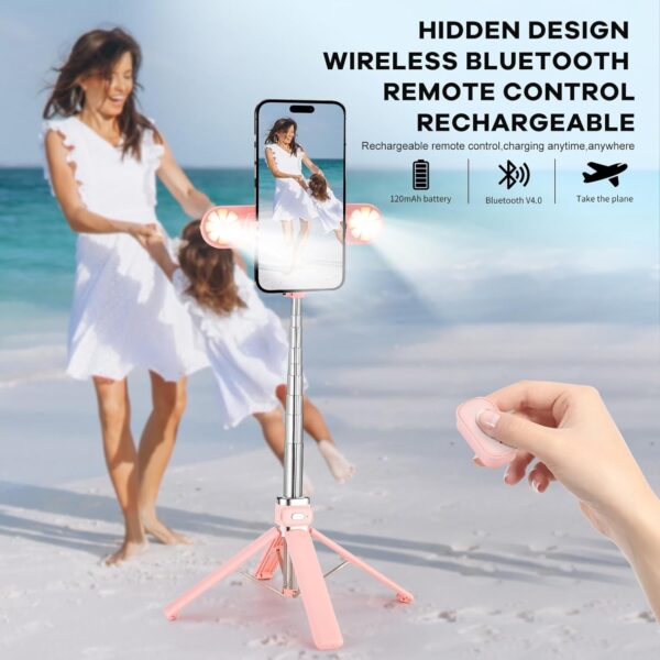 Mini Phone Tripod Stand,MQOUNY 38" Phone Tripod &Selfie Stick with Wireless Rechargeable Remote & Removable Light, Extendable Tripod Stand 360 Rotation Compatible with Phone&Android (MEI-Pink) - Image 5