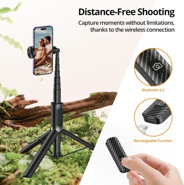 ATUMTEK 55" Selfie Stick Tripod, All-in-one Extendable Aluminum Phone Tripod with Rechargeable Bluetooth Remote, Travel Tripod 360° Rotatable for iPhone 15 Pro Max/15/14/13 Samsung Smartphones, Black - Image 2