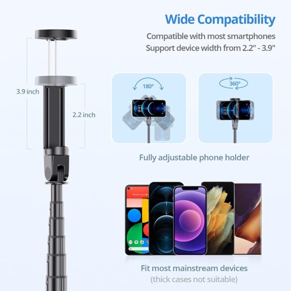 ATUMTEK 60" Selfie Stick Tripod, All in One Extendable Phone Tripod Stand with Bluetooth Remote 360° Rotation for iPhone and Android Phone Selfies, Video Recording, Vlogging, Live Streaming, Black - Image 7