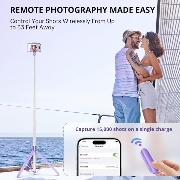 ATUMTEK 60" Selfie Stick Tripod, All-in-One Extendable Phone Tripod with Bluetooth Remote, Storage Bag Included, for iPhone and Android Phone Selfie, Video Recording, Vlogging, Live Streaming, Purple - Image 4