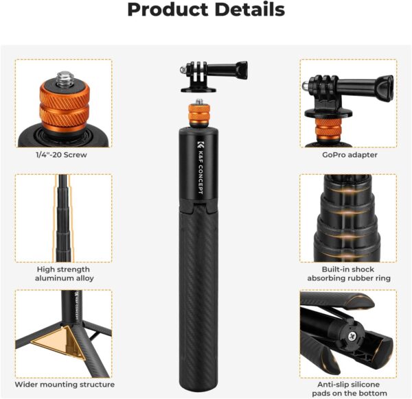 K&F Concept Invisible Selfie Stick, Extension Long Pole（120cm/47.2in） for Insta360 Sports Camera GoPro DJI OSMO Pocket 3, 1/4" Extended Monopod with GoPro Adapter. - Image 6