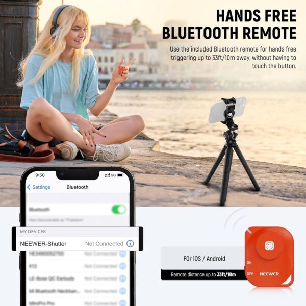 NEEWER Tripod for iPhone with Remote, Mini Flexible Phone Tripod Stand Vlog Selfie Stick with Phone Holder & Action Camera Adapter Compatible with iPhone GoPro Insta360 Samsung Digital Camera, TP35 - Image 2
