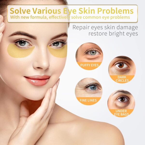 Under Eye Patches - 60 Pcs - 24K Gold Eye Mask- Puffy Eyes & Dark Circles Treatments,Reduce Under Eye Bags and Smooth Wrinkles,Eye Skin Care Pads With Collagen,Hyaluronic Acid & Castor Oil - Image 2