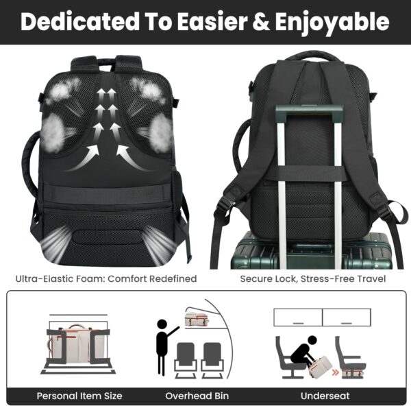 35L Travel Backpack | 180° All-Open Design | Multi-Pockets | Airline Approved Carry on |15.6 inch Laptop Compartment | USB Port |Perfect for Travel Business College Bookbags |Men Women,Black - Image 2
