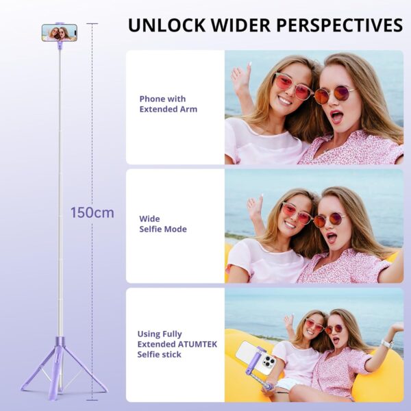 ATUMTEK 60" Selfie Stick Tripod, All-in-One Extendable Phone Tripod with Bluetooth Remote, Storage Bag Included, for iPhone and Android Phone Selfie, Video Recording, Vlogging, Live Streaming, Purple - Image 5