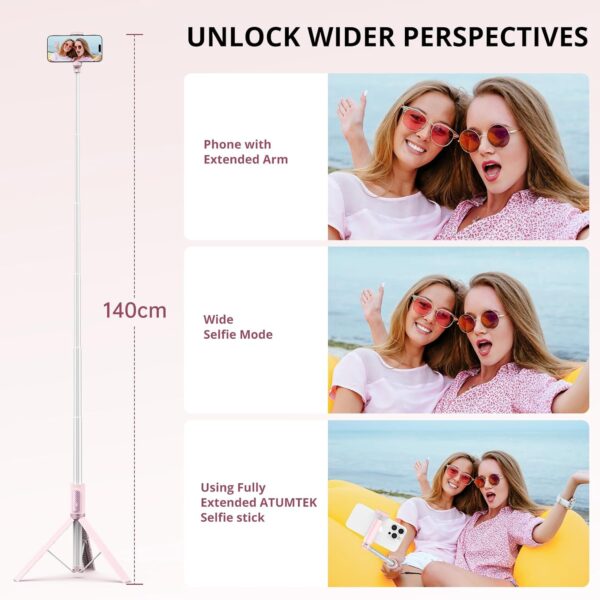 ATUMTEK 55" Selfie Stick Tripod, All-in-one Extendable Aluminum Phone Tripod with Rechargeable Bluetooth Remote for iPhone, Samsung, Google, LG, Sony and More, Fitting 4.7-7 inch Smartphones, Pink - Image 5