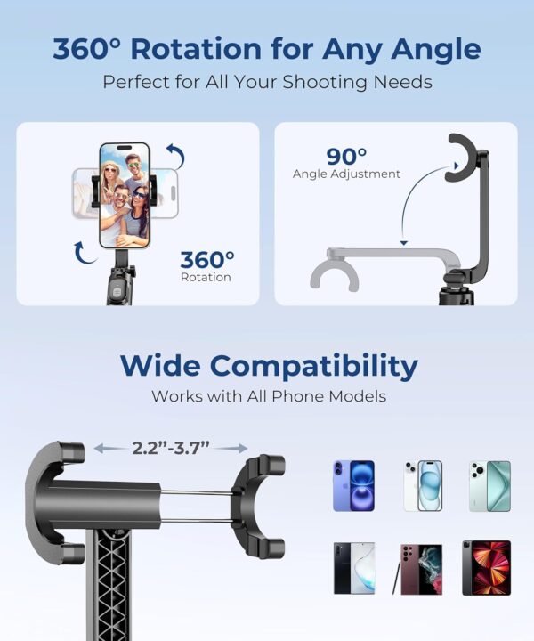 67‘’ Selfie Stick Tripod, Phone Tripod with Wireless Remote Control, Portable Selfie Stick for Photograph, Live Streaming, Video Recording, Compatible with All Cell Phones, Black - Image 4