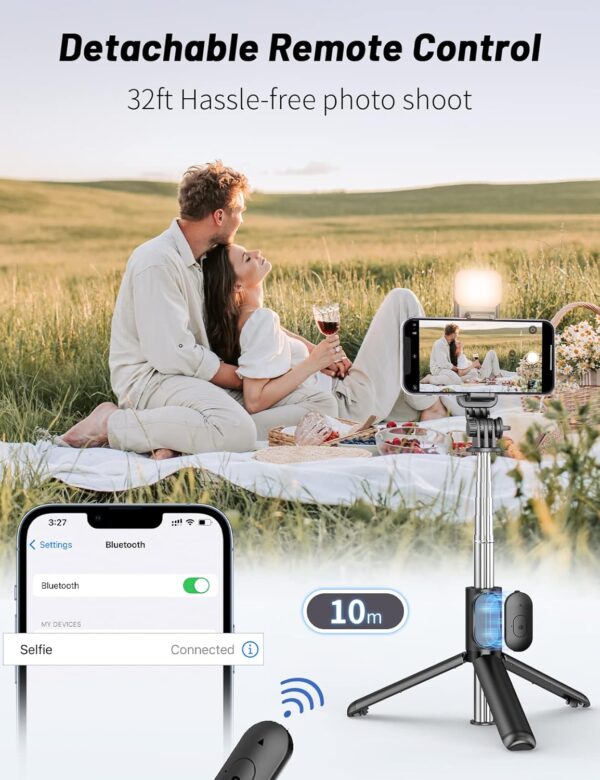 Selfie Stick with Fill Light, 40'' in Length Extendable Phone Tripod Stand with Remote Shutter Compatible with Gopro, iPhone/Samsung/Sony/Google - Image 3
