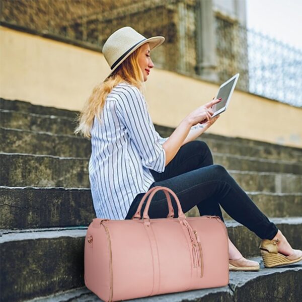 Ytonet Garment Duffle Bags for Travel, Convertible Carry On Garment Bag for Women, Large PU Leather Foldable Travel Bag with Shoe Pouch, 2 in 1 Hanging Suitcase Dress Suit Travel Bags, Pink - Image 7