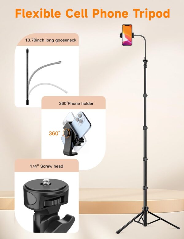 Phone Tripod, 86" Tall Tripod for iPhone with Flexible Gooseneck & Remote, Portable Aluminum Cellphone Stand for Selfies, Video Recording,Travel, Compatible with iPhone Android - Image 7