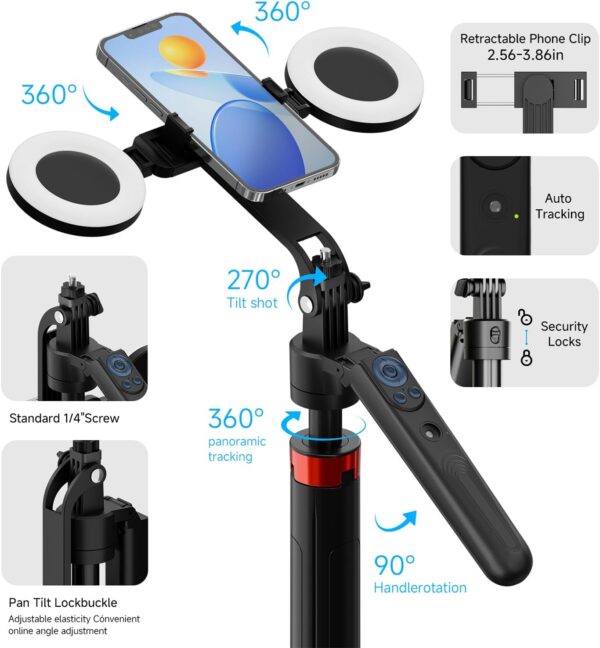 70" Auto Face Tracking Tripod for iPhone, 360 Rotation Travel Selfie Stick Mount with Remote, Gesture Control and Fill Light, Motion Sensor Phone Tripod for Tiktok YouTube Video Vlog Recording - Image 5