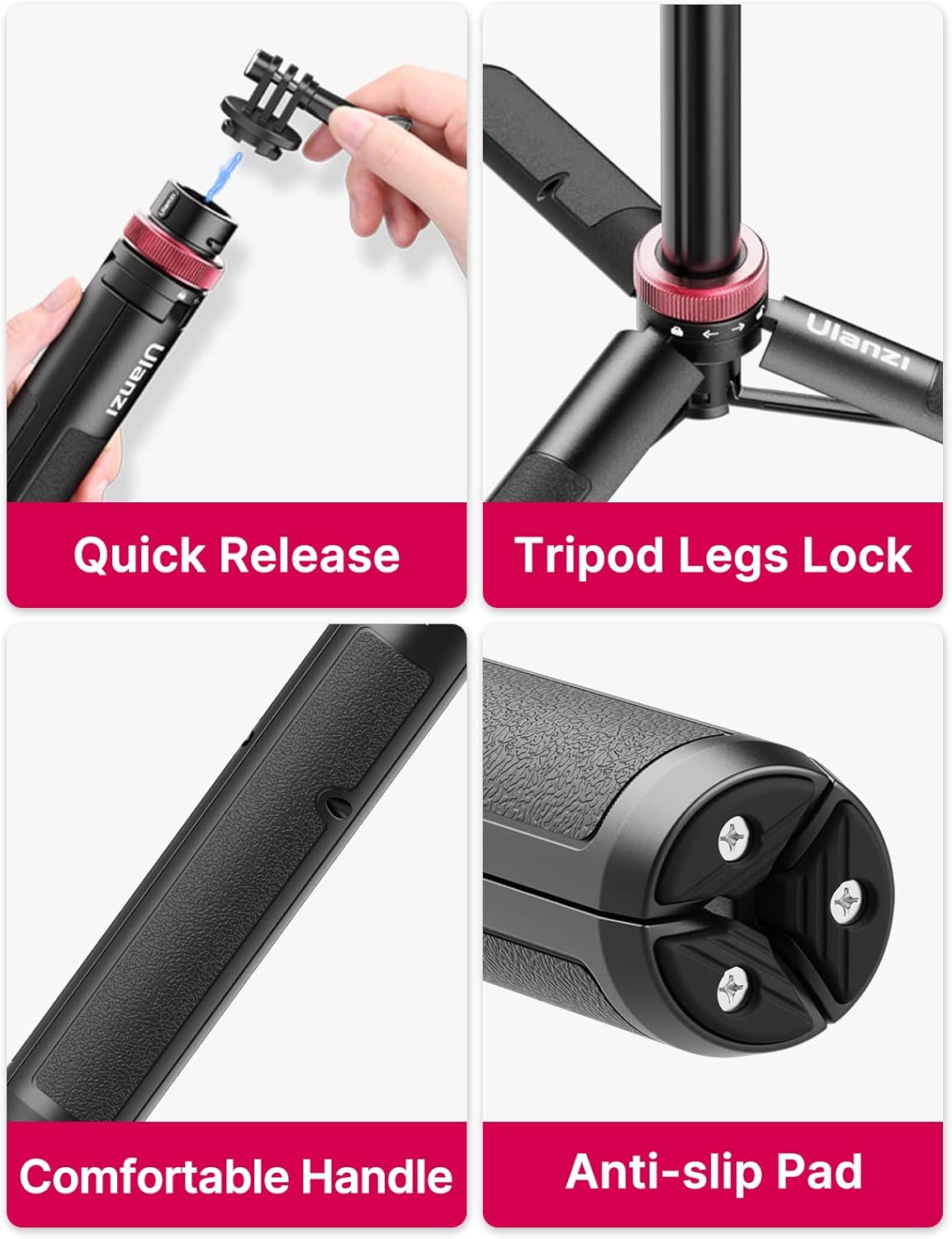 57in Extendable Selfie Tripod Accessories for Action Cameras - ULANZI Go Quick II Long Action Camera Stick Tripod Quick Release Adapter Vlog Handle Grip for Action Cameras - Image 5