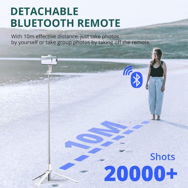 ATUMTEK 59" Selfie Stick Tripod, Stable Tripod Stand with Detachable Bluetooth Remote, Compatible with iPhone 14 Pro Max/14 Plus/14/13/12/11, GoPro, Samsung, LG, Google Smartphones, White - Image 6