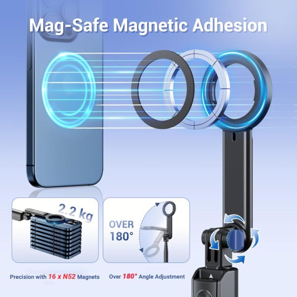 Magnetic Phone Tripod Selfie Stick, 40.9” Extendable Cell Phone Tripod Stand for iPhone 16 15 14 13 12 MagSafe Phone Case with Clamp & Wireless Remote for Selfie Vlogging Video Recording-Black - Image 4