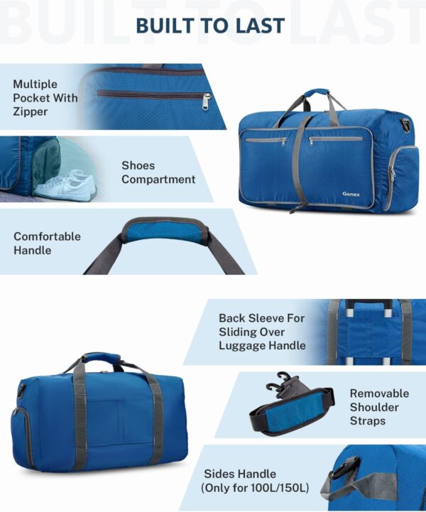 Gonex 40L 60L 80L 100L 150L Large Foldable Travel Duffle Bag with Shoes Compartment, Packable Lightweight Water Repellent Duffel Bag for Camping Gym Weekender Bag - Image 5