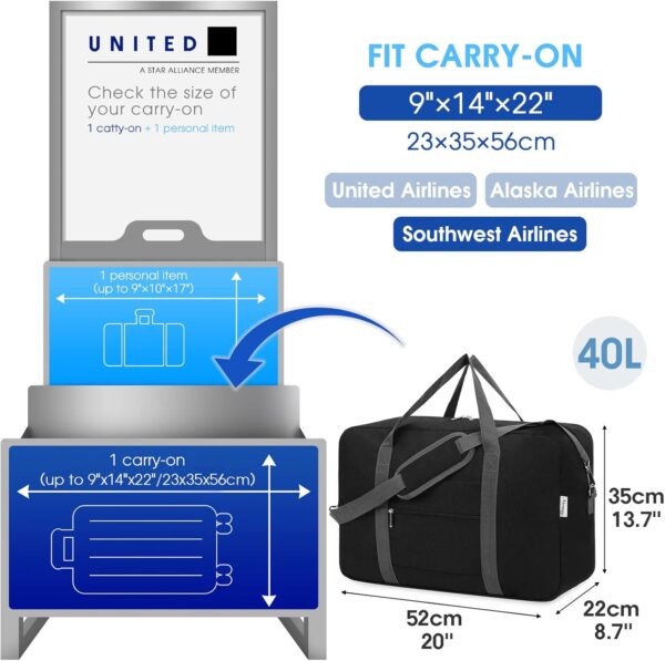 For United Airlines Foldable Carry on Bag 22x14x9 Travel Duffel Bag Packable luggage Duffle for Women and Men 40L (Black (With Shoulder Strap)) - Image 2