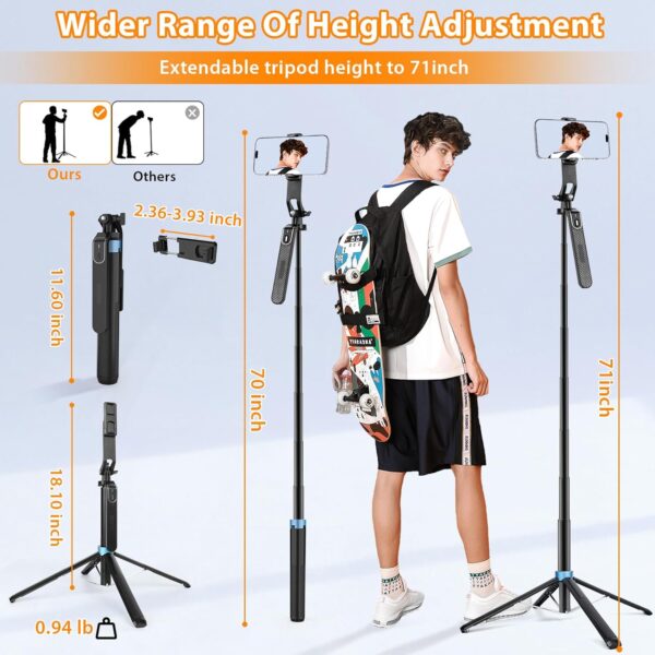 Eocean 71" Tall Selfie Stick Tripod Quadripod with Remote & with 360° Ballhead, Aluminum Alloy Extendable Cell Phone Tripod Stand, Travel Tripod Phone Holder Compatible with iPhone/Android/GoPro - Image 4