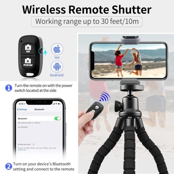 Aureday Phone Tripod, Flexible Tripod for iPhone and Android Cell Phone, Portable Small Tripod with Wireless Remote and Clip for Video Recording/Vlogging/Selfie Black - Image 2