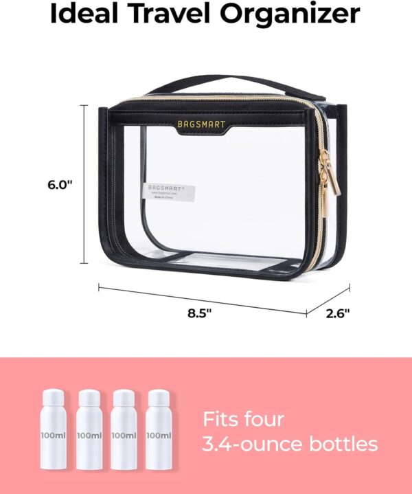 BAGSMART TSA Approved Toiletry Bag, Clear Travel Toiletry Bag, Makeup Cosmetic Pouch Bag for Women Quart Size Compliant Bag Organizer for Travel Essentials (Black Pack of 2, Pack of 2-new model) - Image 3