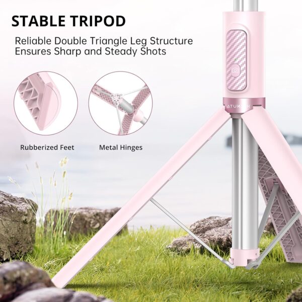 ATUMTEK 55" Selfie Stick Tripod, All-in-one Extendable Aluminum Phone Tripod with Rechargeable Bluetooth Remote for iPhone, Samsung, Google, LG, Sony and More, Fitting 4.7-7 inch Smartphones, Pink - Image 2