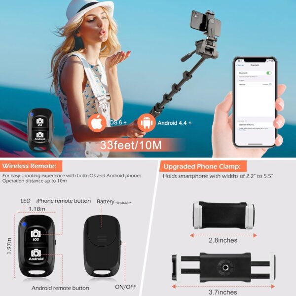 Aureday 67" Phone Tripod&Camera Stand, Selfie Stick Tripod with Remote and Phone Holder, Perfect for Selfies/Video Recording/Vlogging/Live Streaming - Image 3