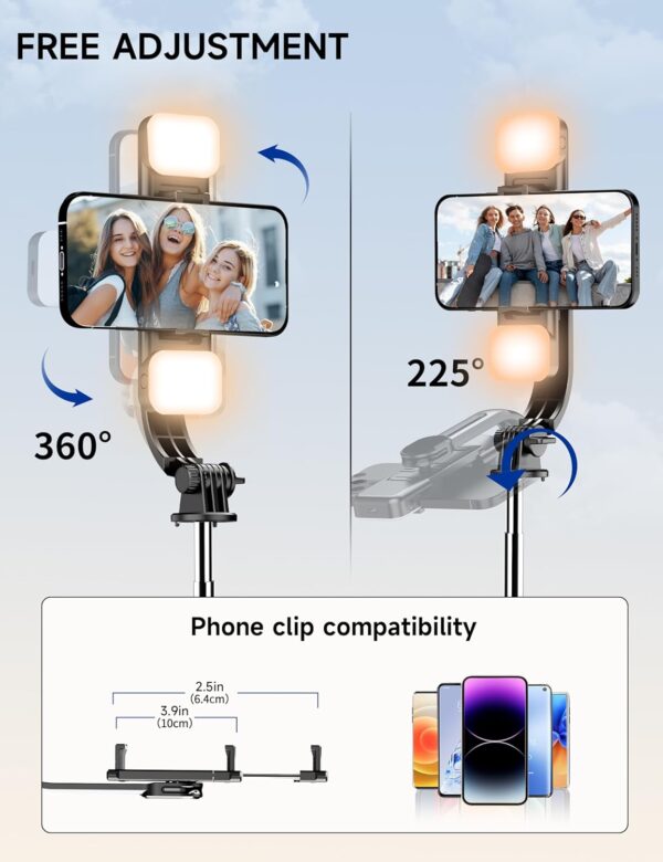 45" Selfie Stick Tripod with 2 Lights, Extendable 5 in 1 Selfie Stick Phone Tripod, Portable Selfie Sticks with Wireless Remote Compatible with iPhone 15/14/13 Pro Max, Samsung, Android, Gopro - Image 6