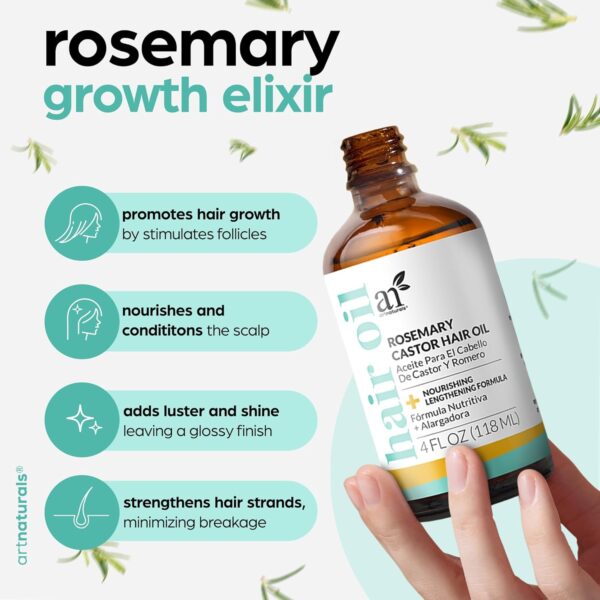 ArtNaturals Organic Rosemary & Castor Hair Growth Oil + Scalp Massager Set – Hair Styling Oils for Dry, Itchy Scalp, Thickening & Hydration - Scalp Oil Products For Damaged Hair & Split Ends – 4.0 oz - Image 3