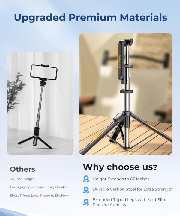 67‘’ Selfie Stick Tripod, Phone Tripod with Wireless Remote Control, Portable Selfie Stick for Photograph, Live Streaming, Video Recording, Compatible with All Cell Phones, Black - Image 6